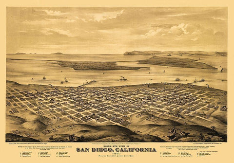 San Diego California - Bancroft 1876 Black Ornate Wood Framed Art Print with Double Matting by Bancroft