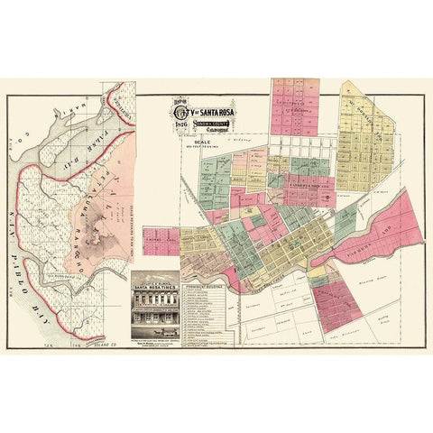 Santa Rosa California Plan - Marr 1876 Gold Ornate Wood Framed Art Print with Double Matting by Marr
