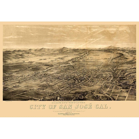 San Jose California - Gifford 1869  Black Modern Wood Framed Art Print by Gifford