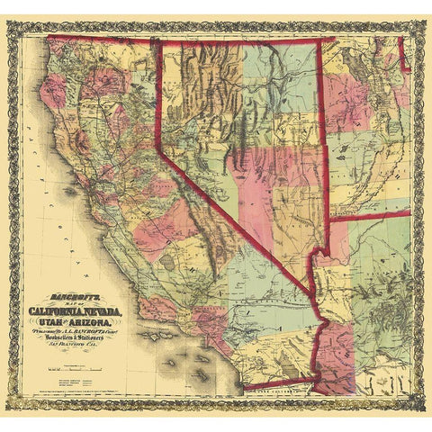 California, Nevada, Utah, Arizona - Bancroft 1873 White Modern Wood Framed Art Print by Bancroft