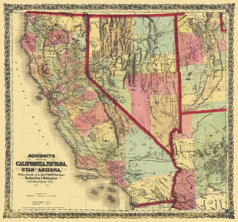 California, Nevada, Utah, Arizona - Bancroft 1873 White Modern Wood Framed Art Print with Double Matting by Bancroft