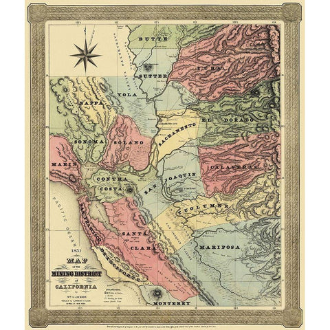 Mining District of California - Jackson 1851 Gold Ornate Wood Framed Art Print with Double Matting by Jackson