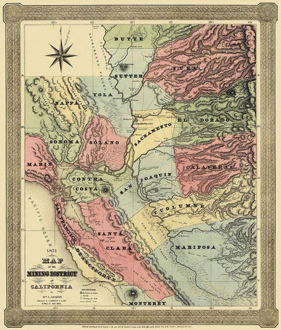 Mining District of California - Jackson 1851 Black Ornate Wood Framed Art Print with Double Matting by Jackson