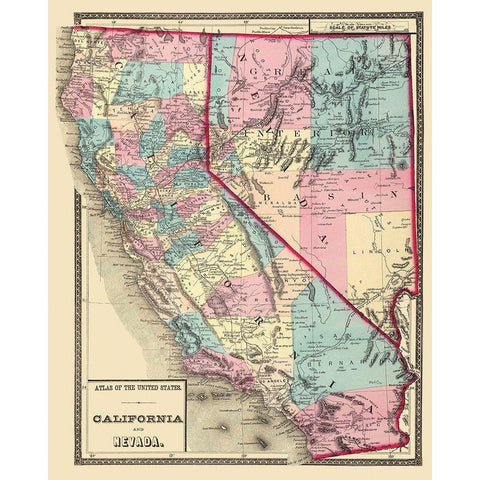 California, Nevada - 1872 Gold Ornate Wood Framed Art Print with Double Matting by Unknown