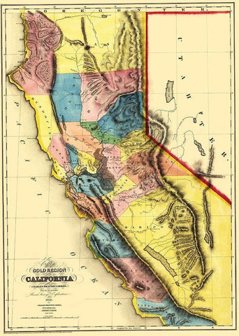 California Gold Region - Sherman 1851 Black Ornate Wood Framed Art Print with Double Matting by Sherman