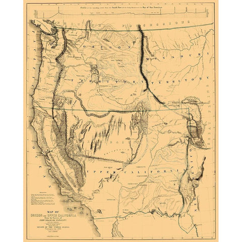 Oregon, Upper California Territories - Preuss 1848 Black Modern Wood Framed Art Print with Double Matting by Preuss