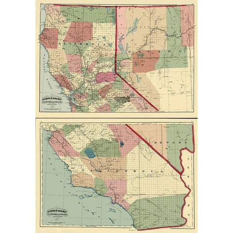 California, Nevada - Asher 1874 Gold Ornate Wood Framed Art Print with Double Matting by Asher