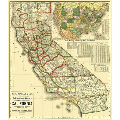California Railroad and Counties 1883 Gold Ornate Wood Framed Art Print with Double Matting by Rand McNally