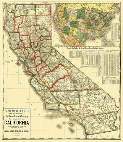 California Railroad and Counties 1883 White Modern Wood Framed Art Print with Double Matting by Rand McNally