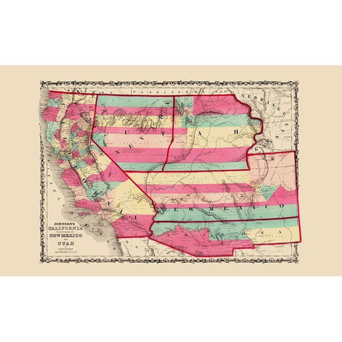 California, New Mexico, Utah - Johnson 1860 White Modern Wood Framed Art Print by Johnson