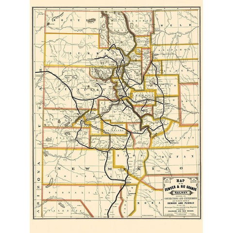 Denver and Rio Grande Railway - Rand McNally 1872 Gold Ornate Wood Framed Art Print with Double Matting by Rand McNally