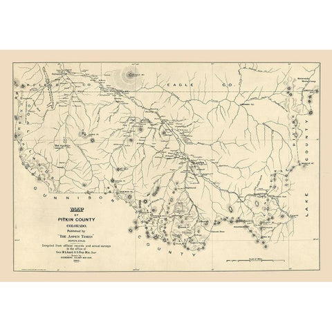 Pitkin County Colorado - Vickery 1884  Black Modern Wood Framed Art Print with Double Matting by Vickery