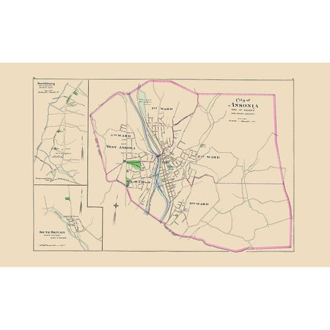 Ansonia Connecticut - Hurd 1893 Gold Ornate Wood Framed Art Print with Double Matting by Hurd