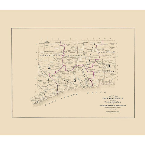 Connecticut - Hurd 1893 Gold Ornate Wood Framed Art Print with Double Matting by Hurd