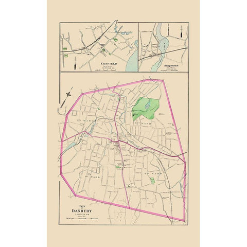 Danbury, Fairfield, Saugatuck Connecticut 1893 Black Modern Wood Framed Art Print with Double Matting by Hurd