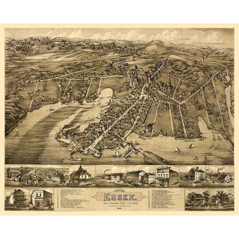 Essex Connecticut - Bailey 1881  Black Modern Wood Framed Art Print by Bailey