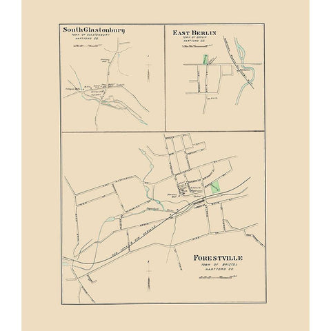 Forestville, Glastonbury, Berlin Connecticut 1893 Black Modern Wood Framed Art Print with Double Matting by Hurd