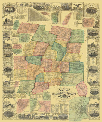 Hartford Connecticut Landowner - Woodford 1855 Black Ornate Wood Framed Art Print with Double Matting by Woodford