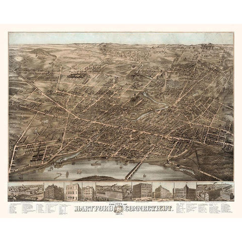Hartford Connecticut - Bailey 1877  Gold Ornate Wood Framed Art Print with Double Matting by Bailey