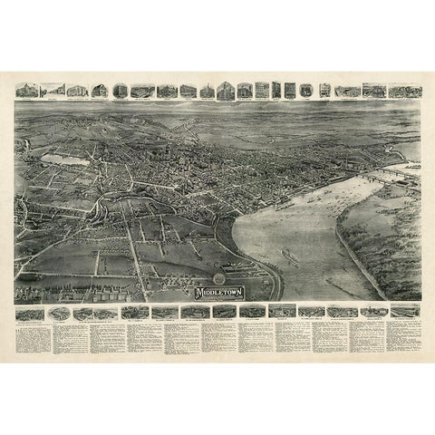 Middletown Connecticut - Bailey 1915  Gold Ornate Wood Framed Art Print with Double Matting by Bailey