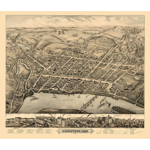 Middletown Connecticut - Bailey 1877  White Modern Wood Framed Art Print by Bailey