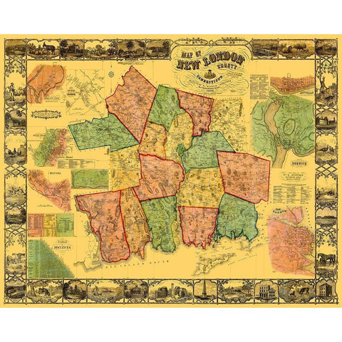 New London Connecticut Landowner - Baker 1854 Gold Ornate Wood Framed Art Print with Double Matting by Baker