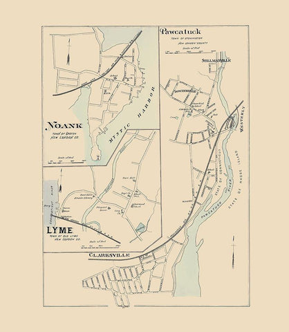 Pawcatuck, Noank, Lyme Connecticut - Hurd 1893 Black Ornate Wood Framed Art Print with Double Matting by Hurd