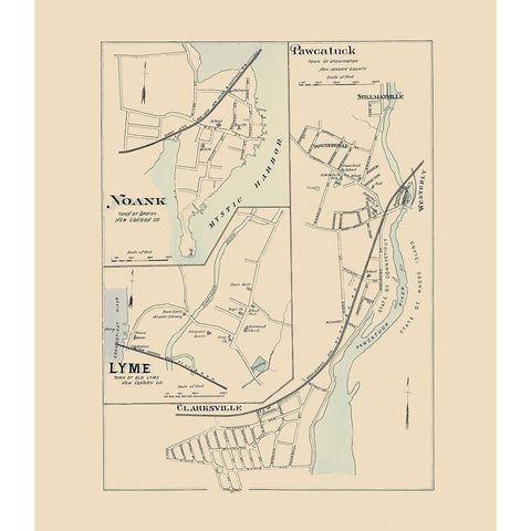 Pawcatuck, Noank, Lyme Connecticut - Hurd 1893 Gold Ornate Wood Framed Art Print with Double Matting by Hurd
