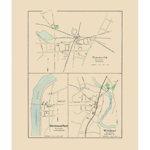 Plainville, Warehouse Point, Windsor Connecticut Gold Ornate Wood Framed Art Print with Double Matting by Hurd