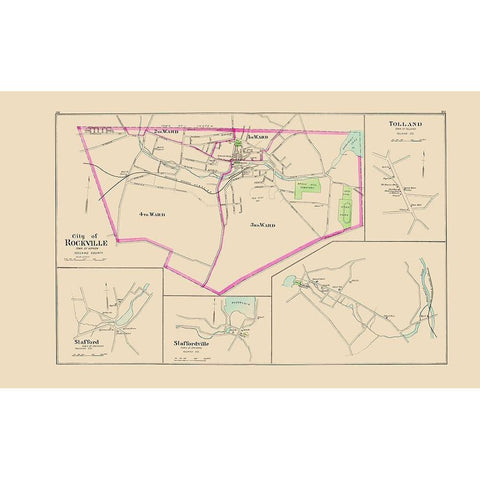 Rockville Connecticut - Hurd 1893 Black Modern Wood Framed Art Print with Double Matting by Hurd