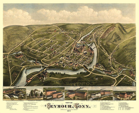 Seymour Connecticut - Bailey 1879  Black Ornate Wood Framed Art Print with Double Matting by Bailey