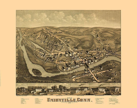 Unionville Connecticut - Bailey 1878  Black Ornate Wood Framed Art Print with Double Matting by Bailey