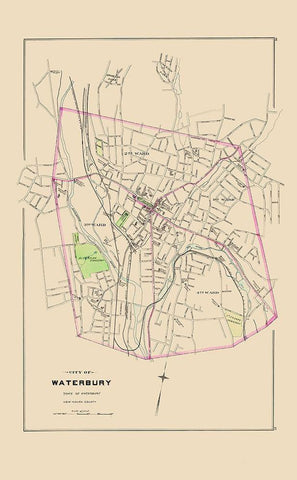 Waterbury Connecticut - Hurd 1893 White Modern Wood Framed Art Print with Double Matting by Hurd