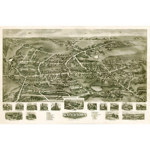 Watertown Connecticut - Bailey 1918  Gold Ornate Wood Framed Art Print with Double Matting by Bailey