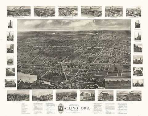 Wallingford Connecticut - Bailey 1905  Black Ornate Wood Framed Art Print with Double Matting by Bailey