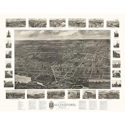 Wallingford Connecticut - Bailey 1905  Gold Ornate Wood Framed Art Print with Double Matting by Bailey