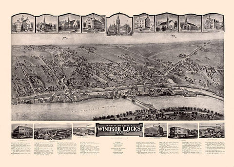 Windsor Locks Connecticut - Bailey 1913  Black Ornate Wood Framed Art Print with Double Matting by Bailey