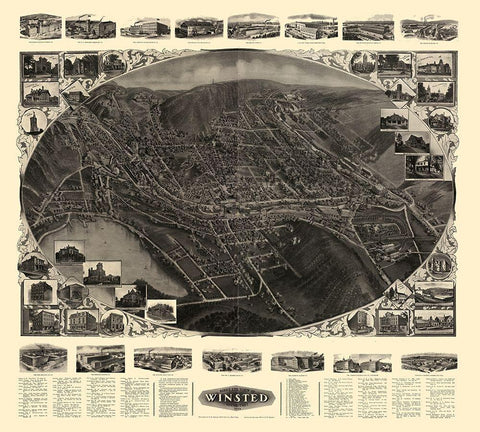 Winsted Connecticut - Bailey 1908  Black Ornate Wood Framed Art Print with Double Matting by Bailey