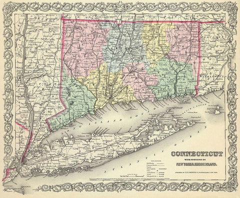 Connecticut - Colton 1856 Black Ornate Wood Framed Art Print with Double Matting by Colton