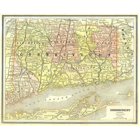 Connecticut - Cram 1886 Black Modern Wood Framed Art Print with Double Matting by Cram