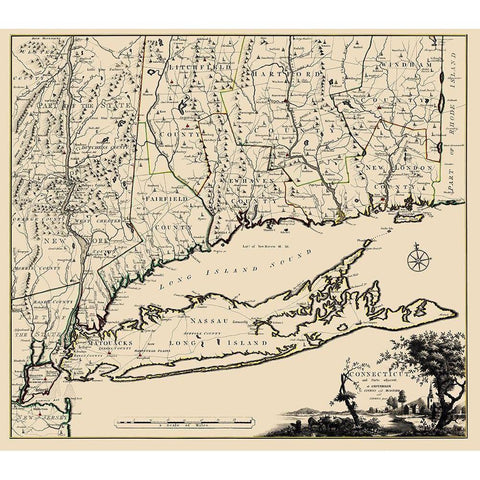 Connecticut, Long Island New York - Covens 1780 Gold Ornate Wood Framed Art Print with Double Matting by Covens
