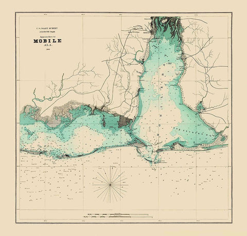 Approaches to Mobile Alabama - Bache 1864 Black Ornate Wood Framed Art Print with Double Matting by Bache