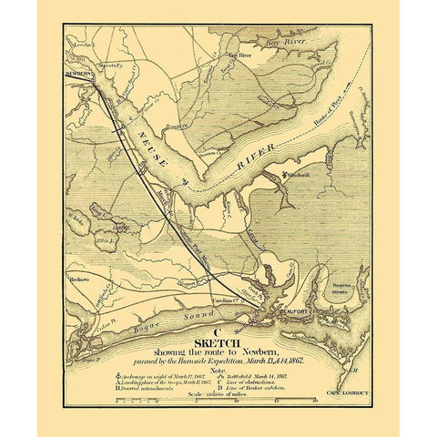 Burnside Expedition Route Newbern North Carolina Gold Ornate Wood Framed Art Print with Double Matting by Foster