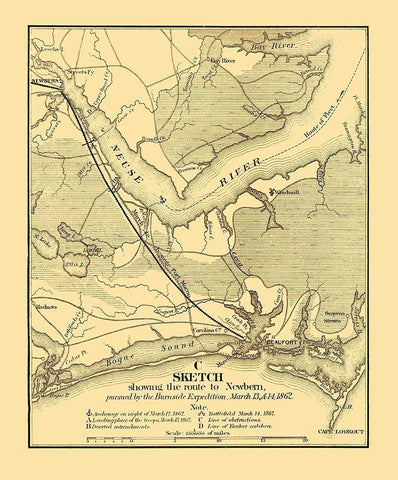 Burnside Expedition Route Newbern North Carolina Black Ornate Wood Framed Art Print with Double Matting by Foster