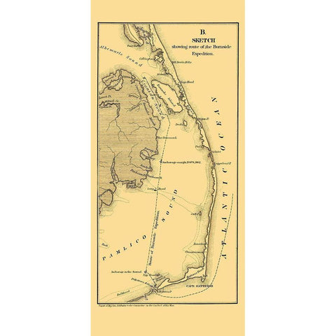 Burnside Expedition Route North Carolina Black Modern Wood Framed Art Print by Foster