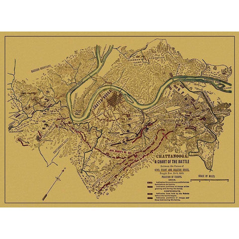 Chattanooga Chart of Battle Tennessee - Sneden Gold Ornate Wood Framed Art Print with Double Matting by Sneden