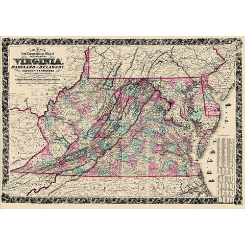 Virginia, Maryland ,Delaware - Colton  1862 Gold Ornate Wood Framed Art Print with Double Matting by Colton
