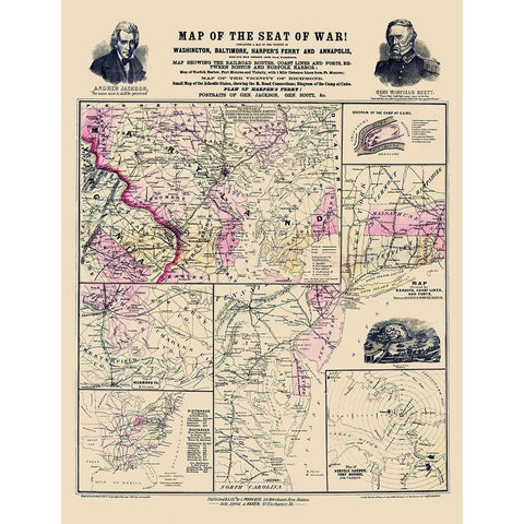 Seat of War of Atlantic Coast - Prang 1861 Black Modern Wood Framed Art Print with Double Matting by Prang
