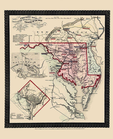 Marlyand Pennsylvania Virginia - Traubel 1861 Black Ornate Wood Framed Art Print with Double Matting by Traubel