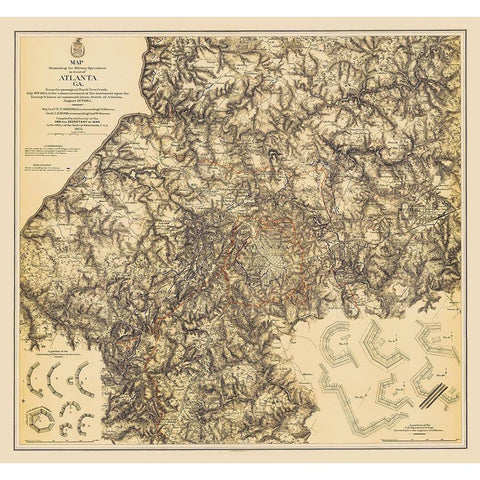 Military Operations Atlanta Georgia - Bien 1875 Gold Ornate Wood Framed Art Print with Double Matting by Bien